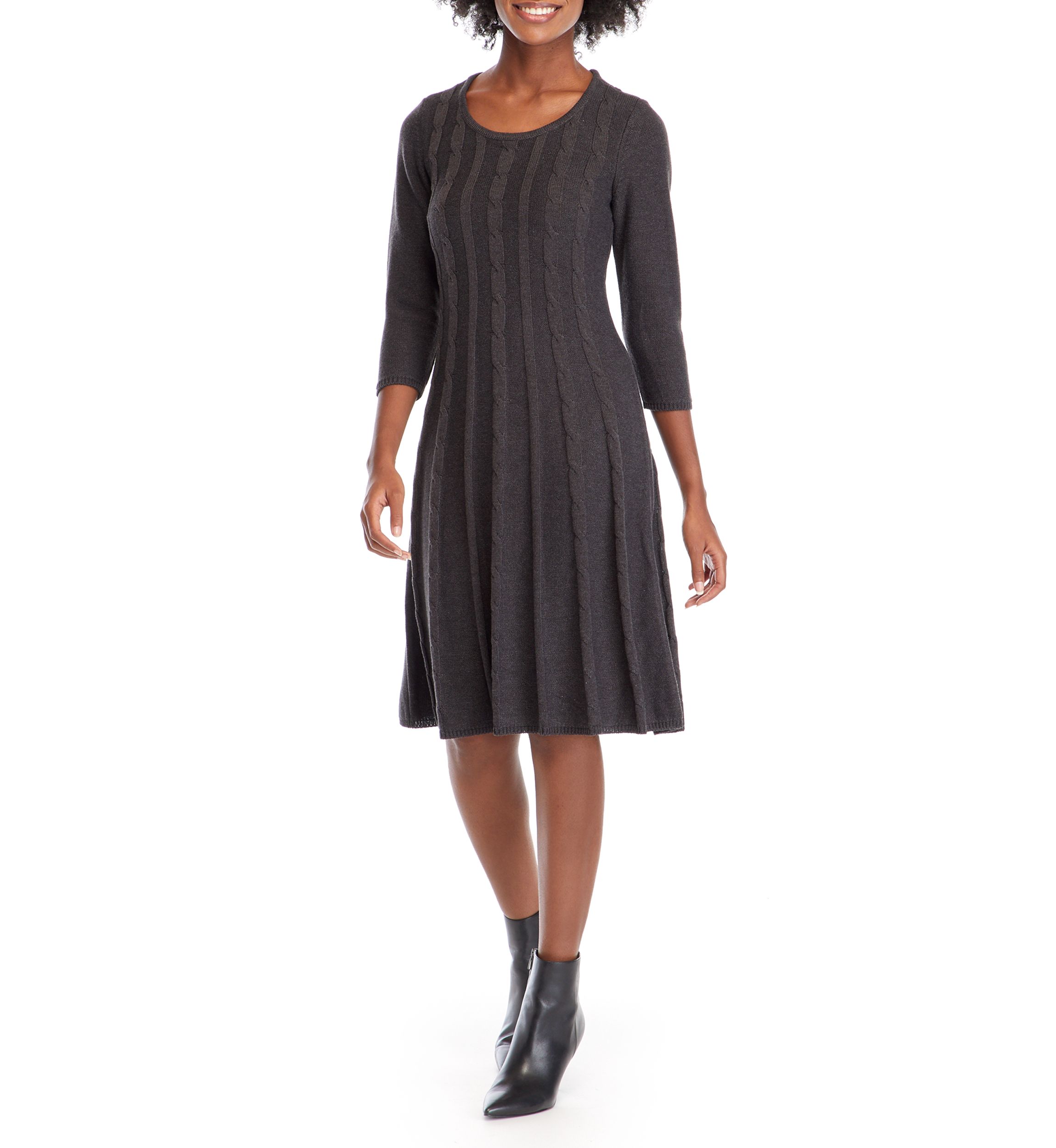 Womens Round Neck Cable Knit Fit-and-Flare Sweater Dress