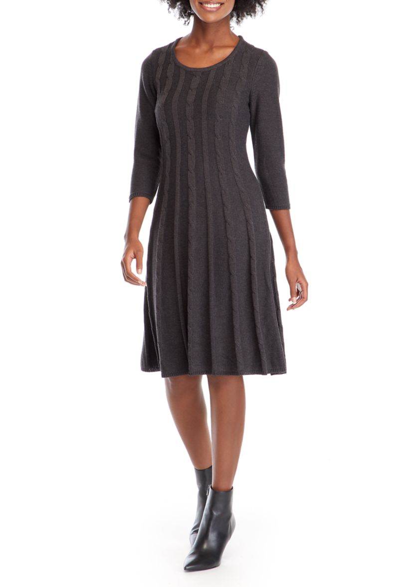 Womens Round Neck Cable Knit Fit-and-Flare Sweater Dress