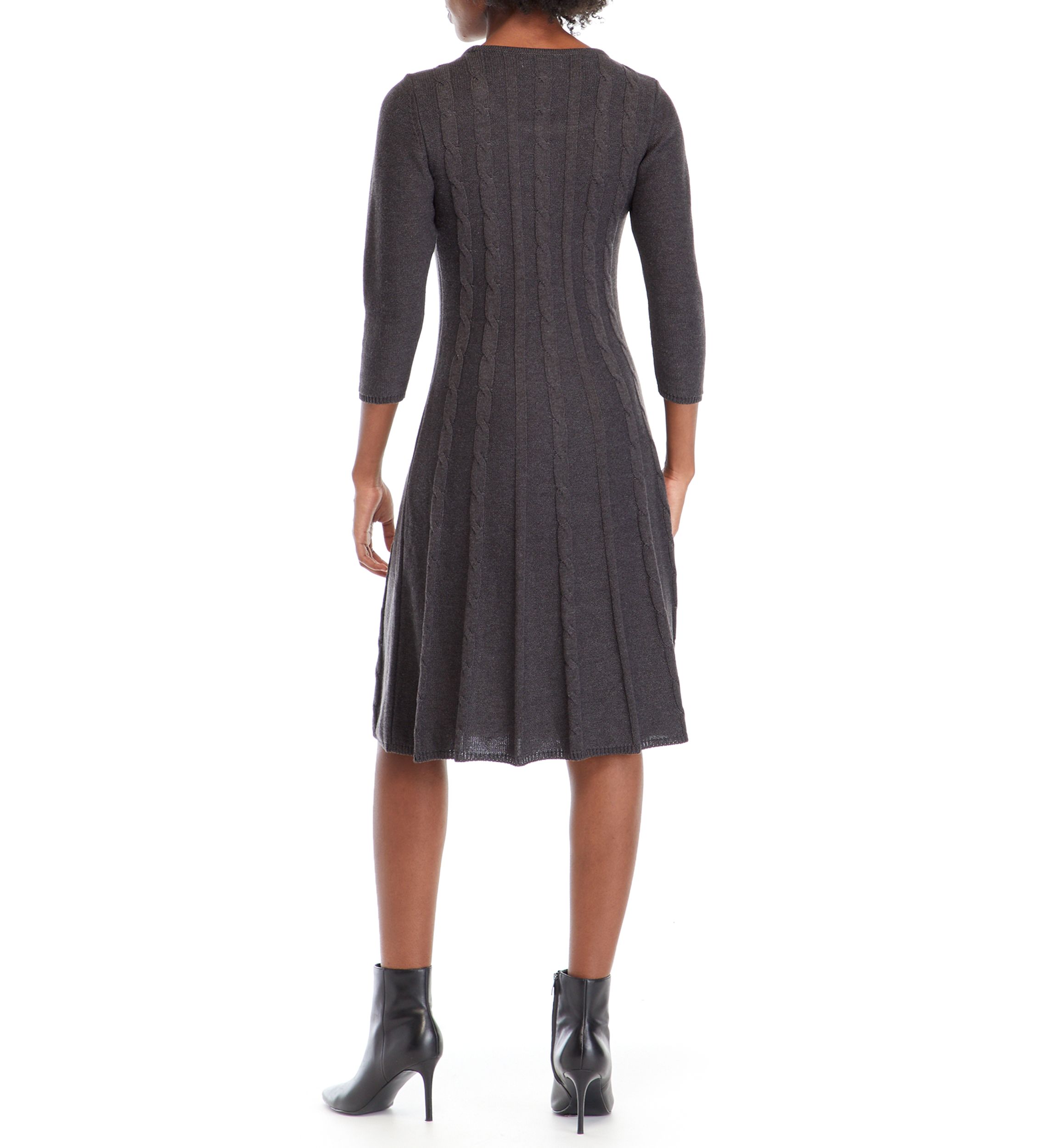 Womens Round Neck Cable Knit Fit-and-Flare Sweater Dress