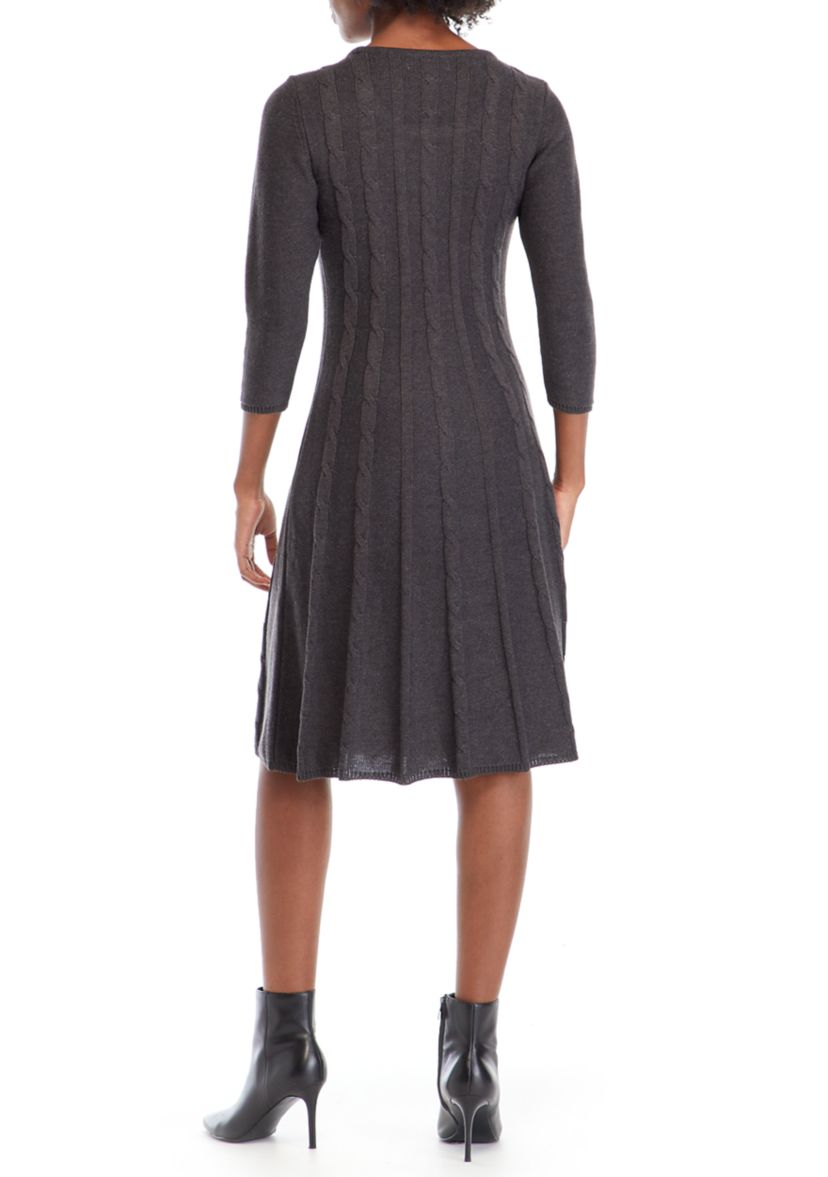 Womens Round Neck Cable Knit Fit-and-Flare Sweater Dress