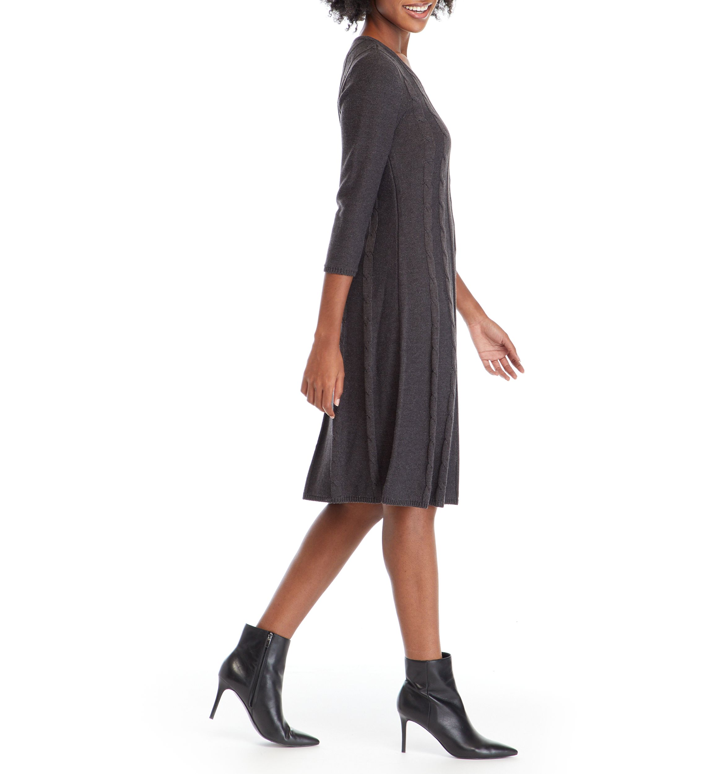 Womens Round Neck Cable Knit Fit-and-Flare Sweater Dress