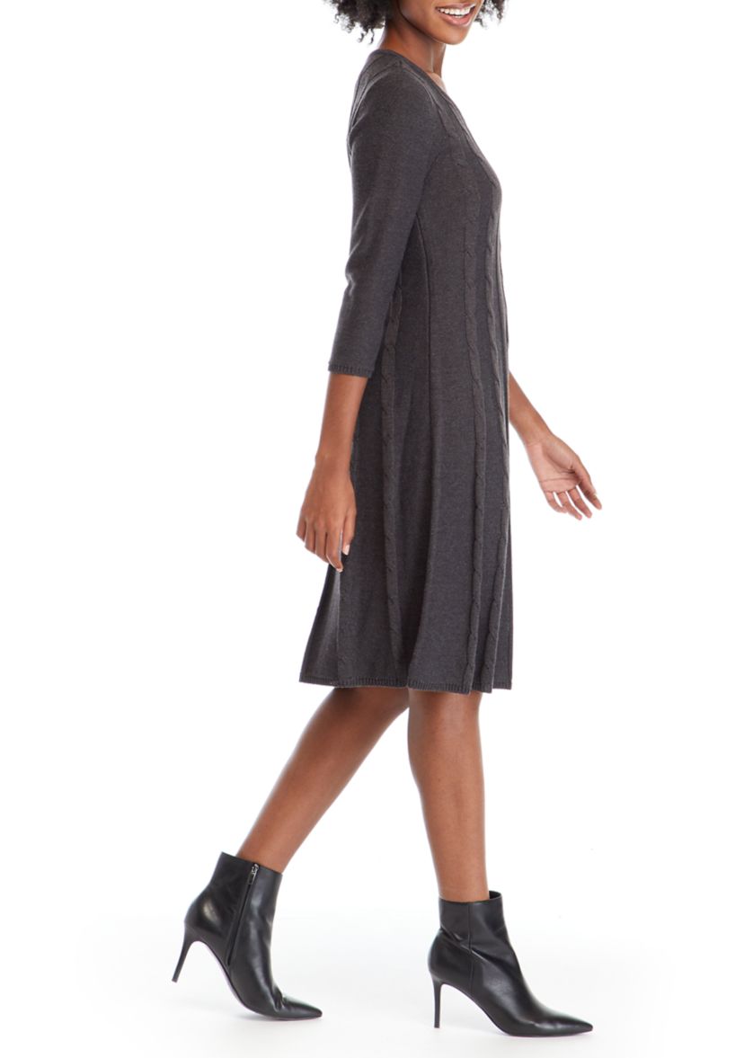 Womens Round Neck Cable Knit Fit-and-Flare Sweater Dress