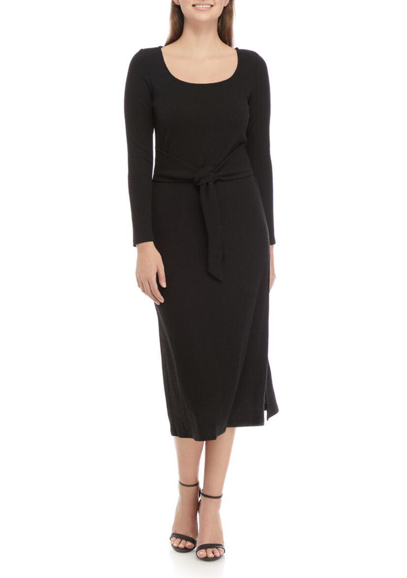 Womens Long Sleeve Tie Front Sweater Knit Dress