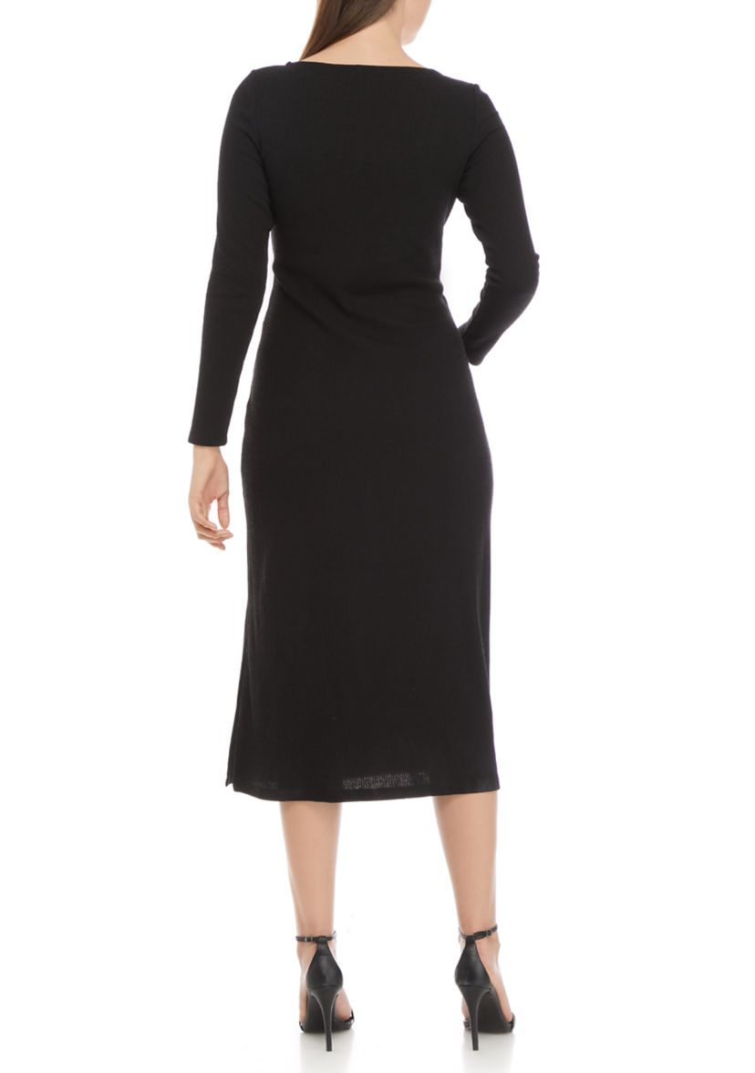Womens Long Sleeve Tie Front Sweater Knit Dress