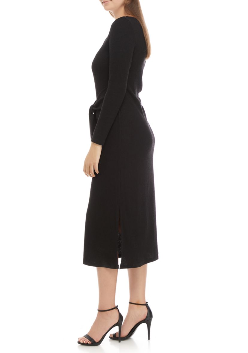 Womens Long Sleeve Tie Front Sweater Knit Dress