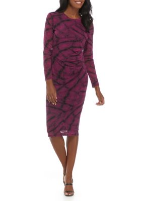 Nine West Women s Long Sleeve Ruched Side Printed Mesh Dress belk