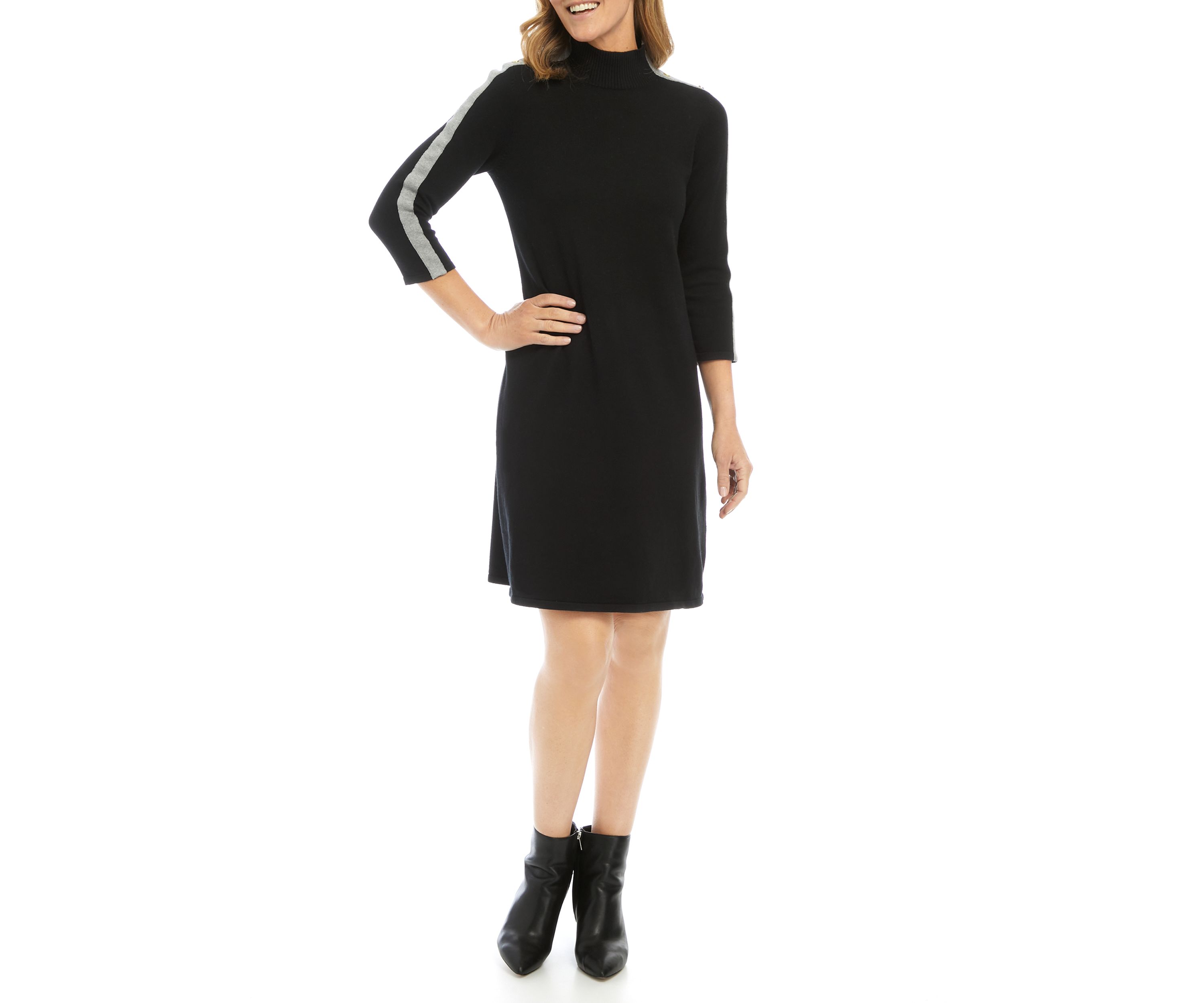 Womens Button Shoulder Stripe Sweater Dress
