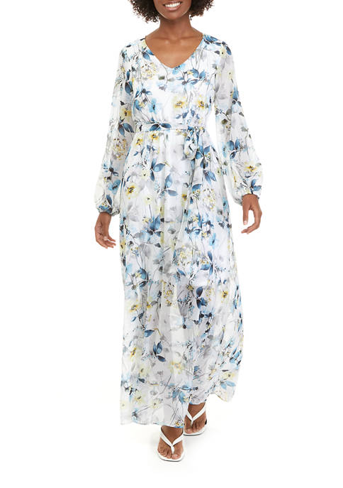 Womens Long Sleeve V-Neck Floral Printed Chiffon Maxi Dress