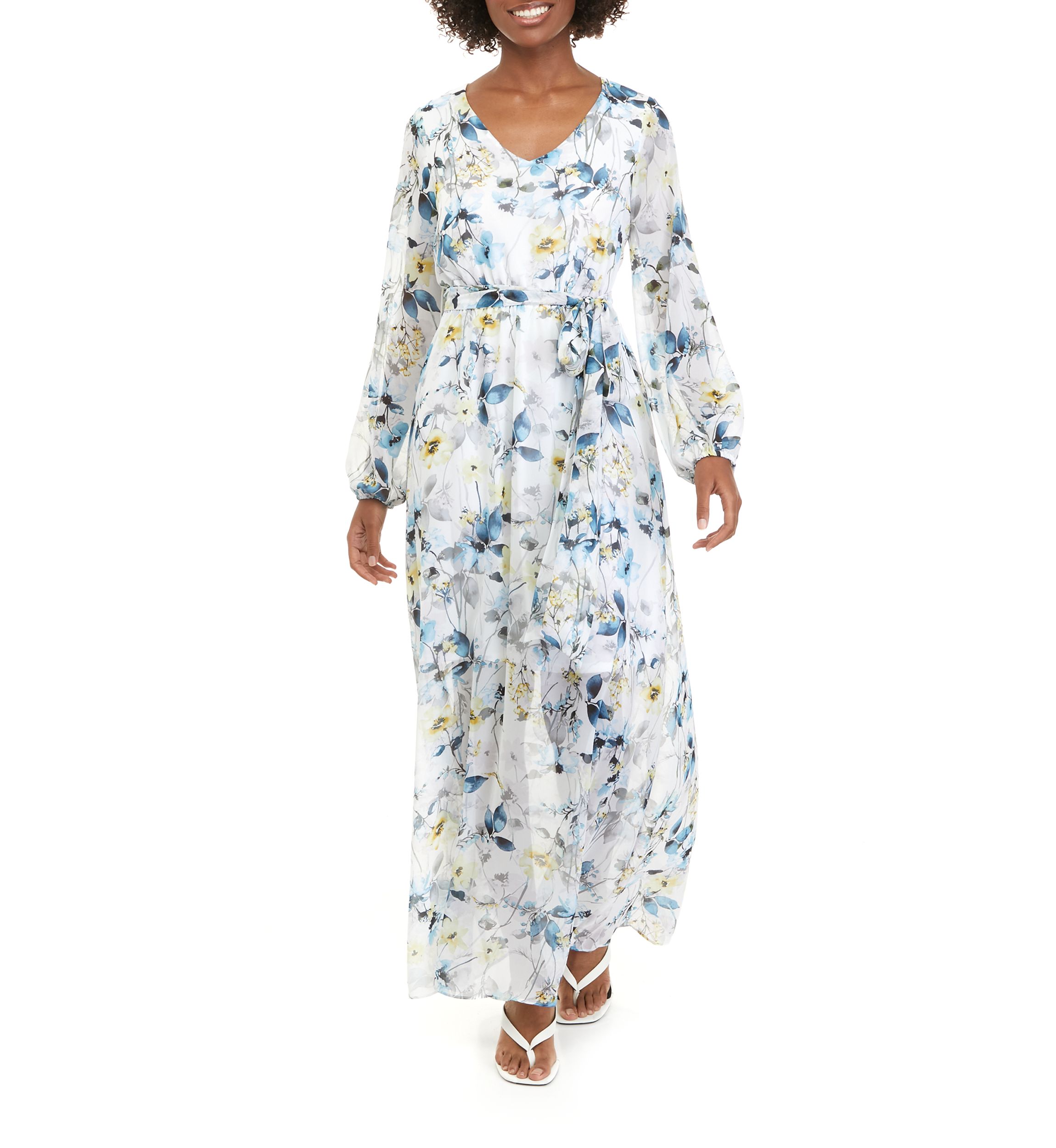 Womens Long Sleeve V-Neck Floral Printed Chiffon Maxi Dress