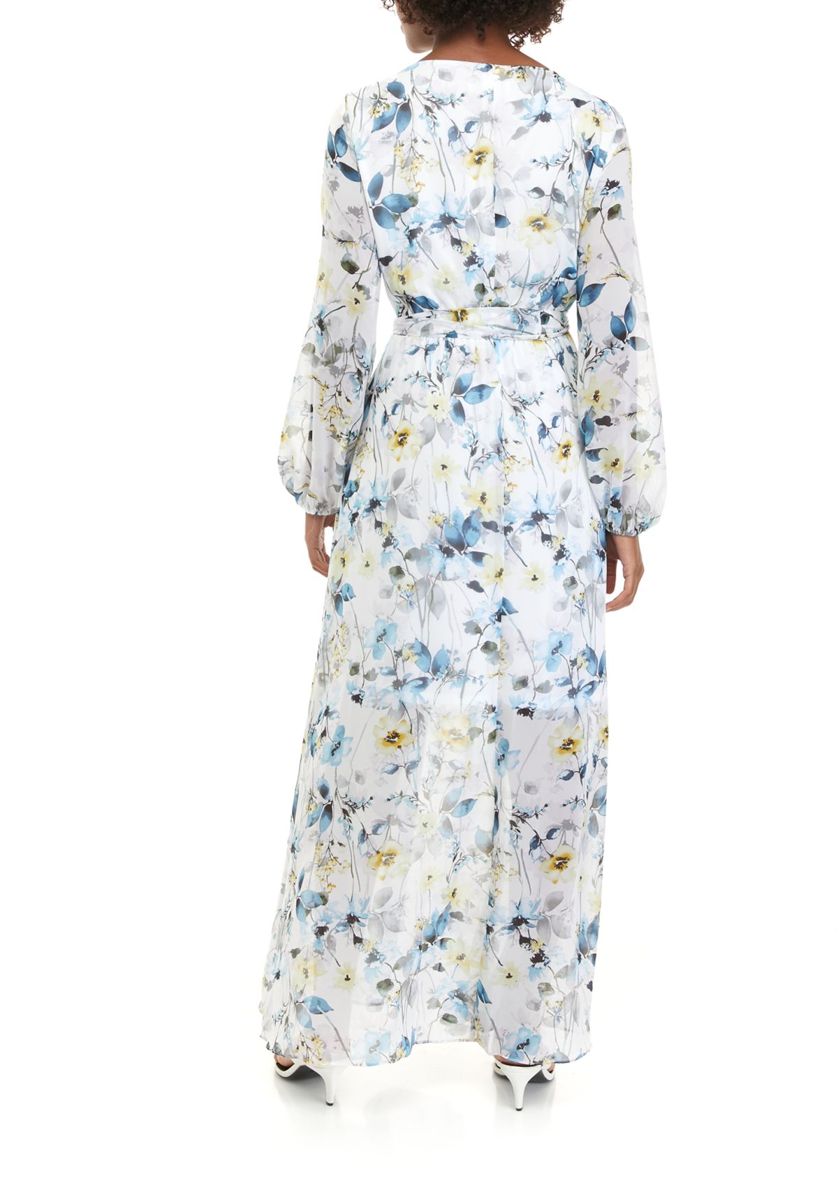 Womens Long Sleeve V-Neck Floral Printed Chiffon Maxi Dress
