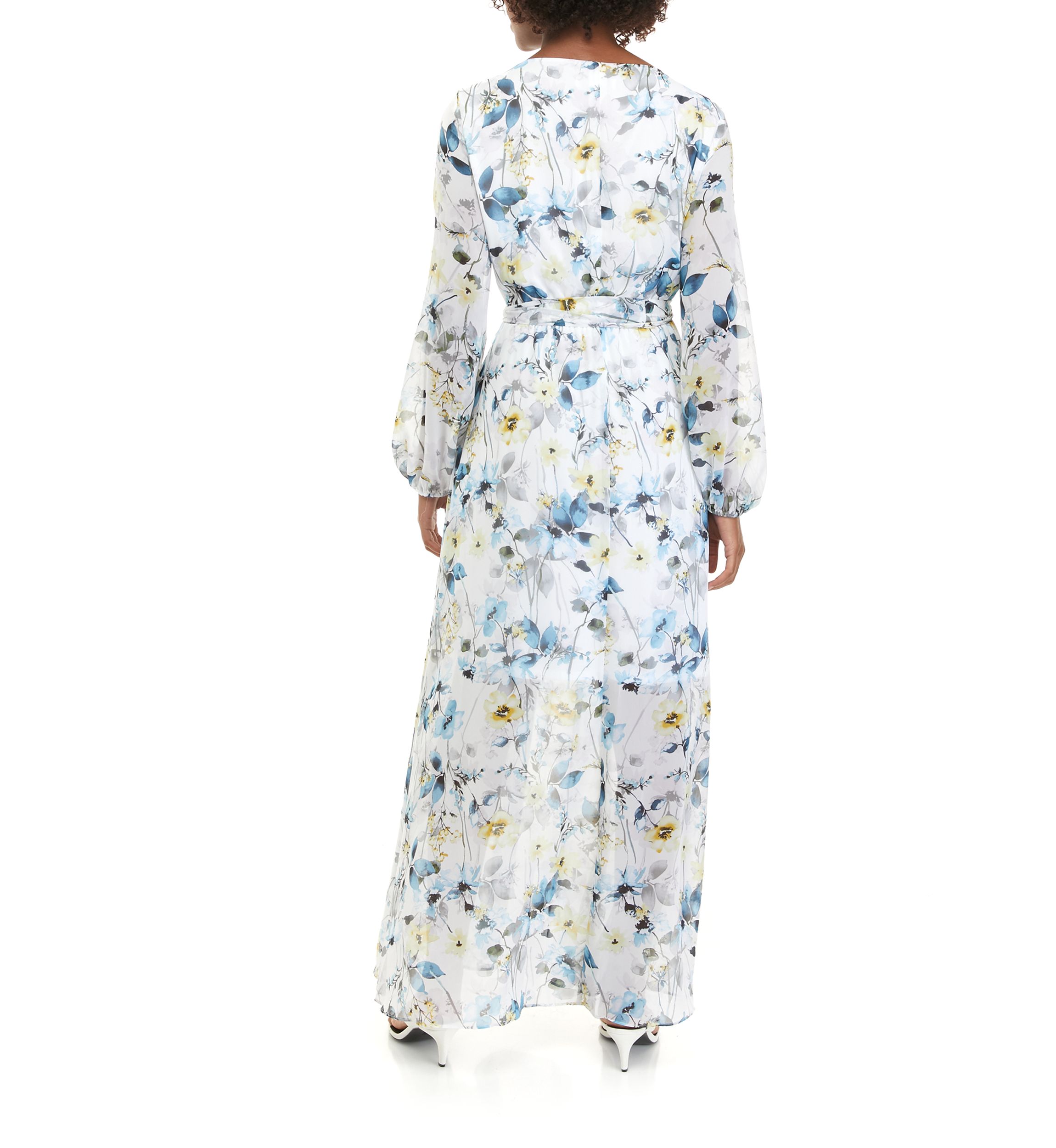 Womens Long Sleeve V-Neck Floral Printed Chiffon Maxi Dress