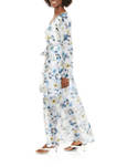 Womens Long Sleeve V-Neck Floral Printed Chiffon Maxi Dress