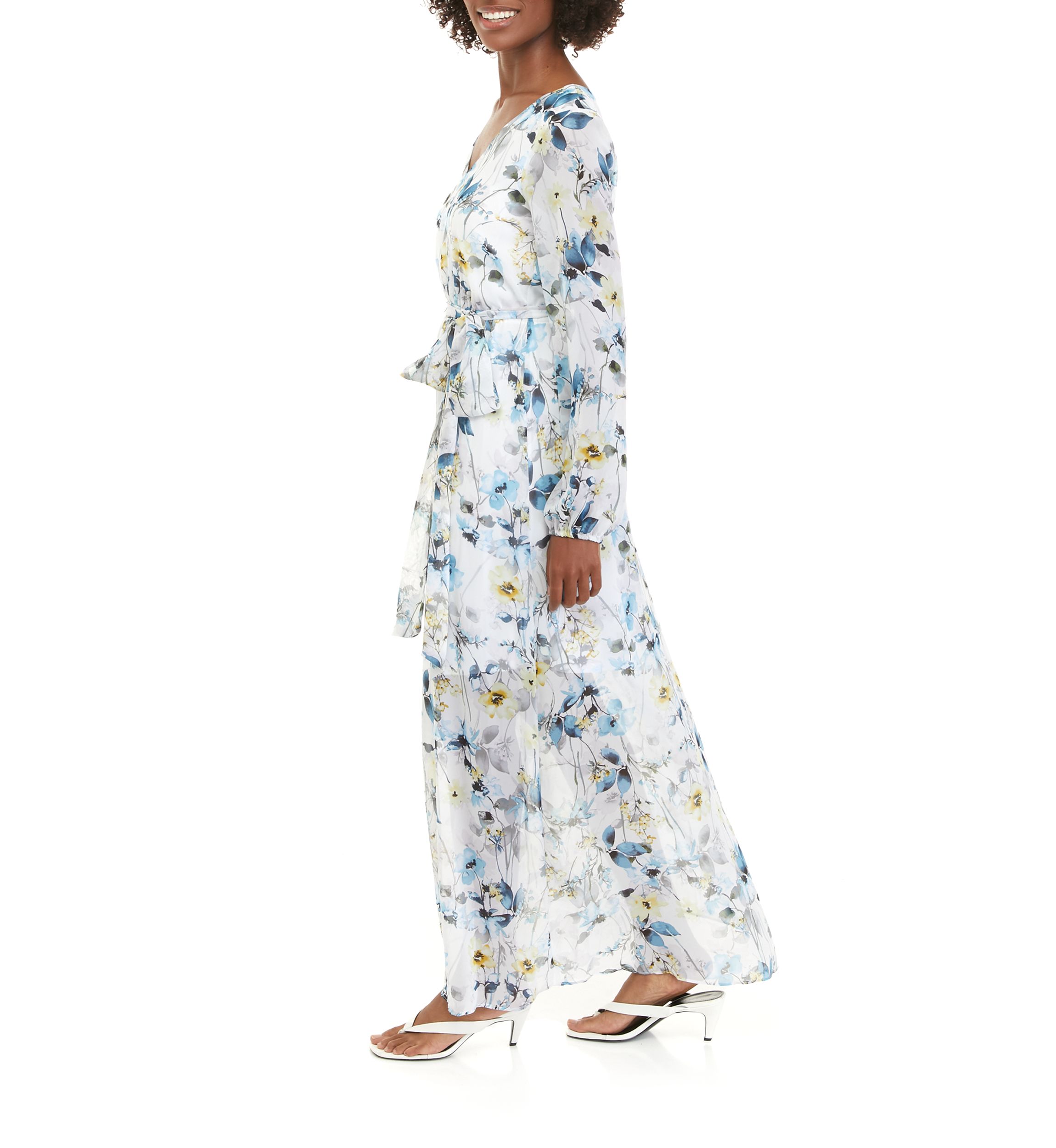 Womens Long Sleeve V-Neck Floral Printed Chiffon Maxi Dress