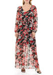 Womens Long Sleeve Floral Printed Chiffon Maxi Dress