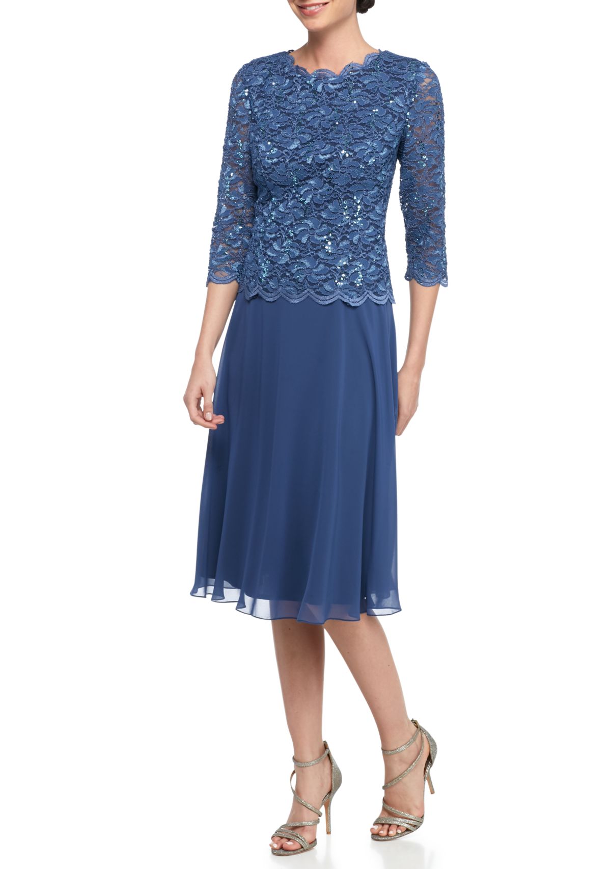 Womens Tea-Length Mock Dress with Sequin Lace Bodice & Chiffon Skirt