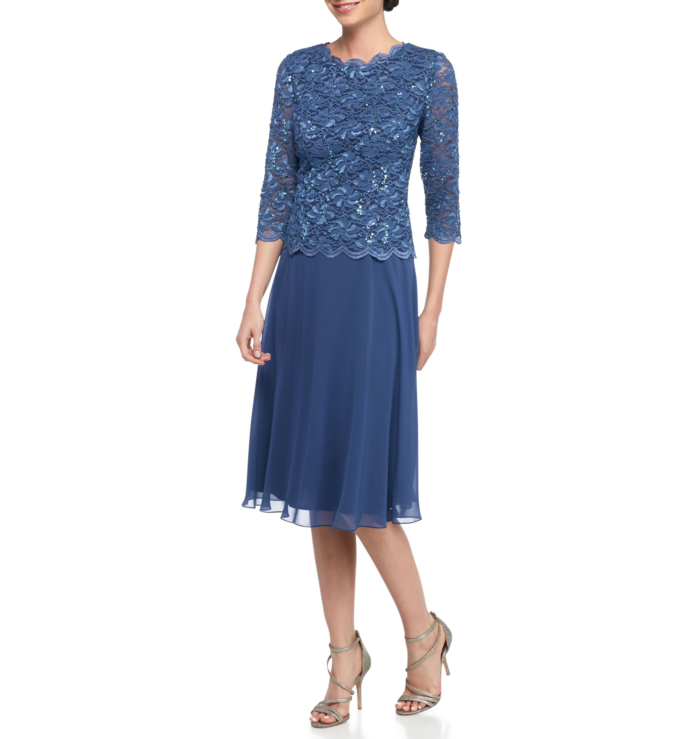 Womens Tea-Length Mock Dress with Sequin Lace Bodice & Chiffon Skirt