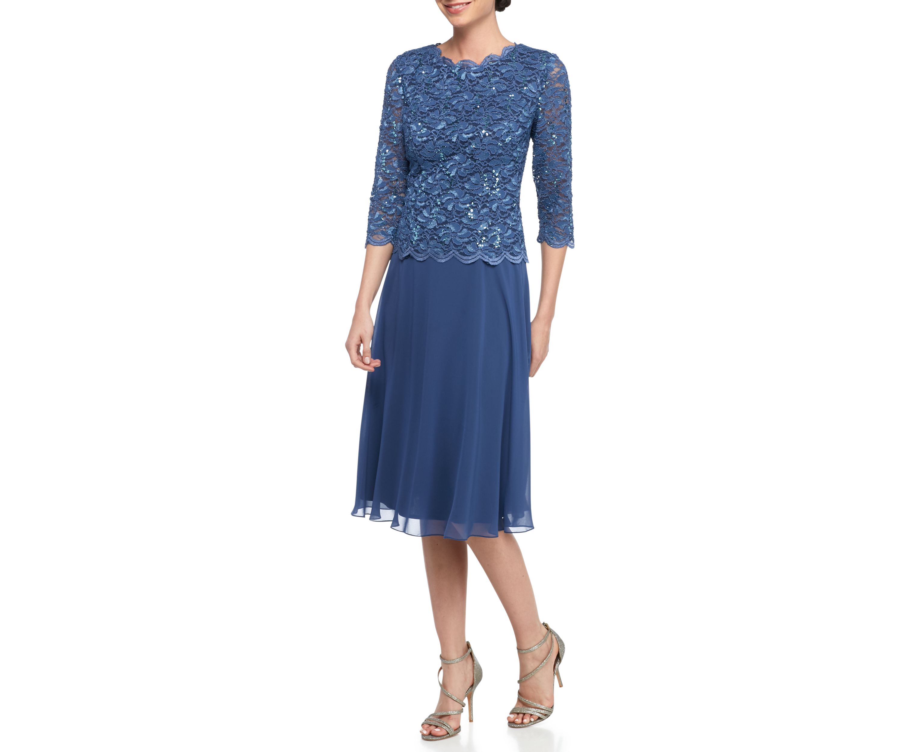 Womens Tea-Length Mock Dress with Sequin Lace Bodice & Chiffon Skirt