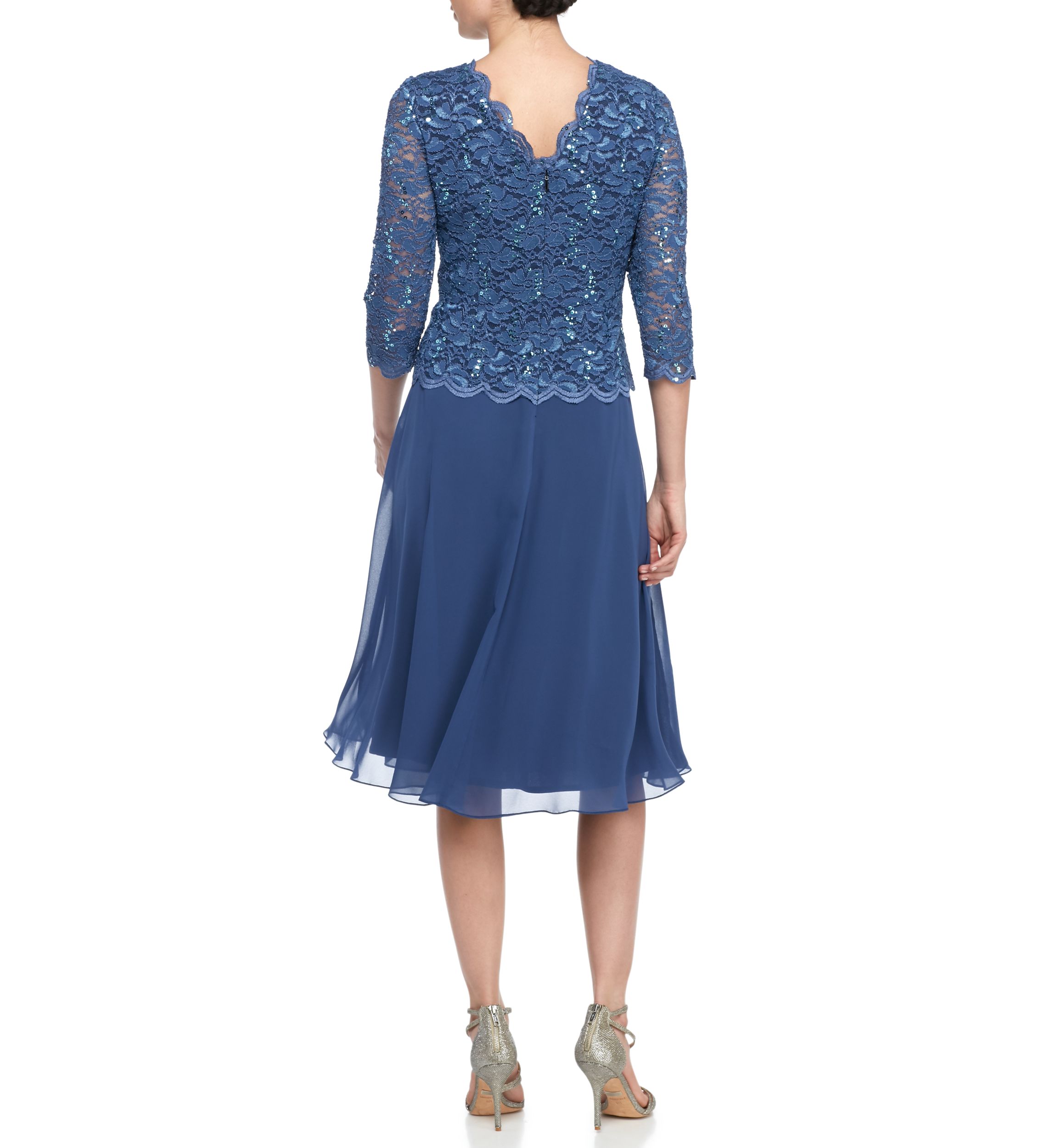 Womens Tea-Length Mock Dress with Sequin Lace Bodice & Chiffon Skirt