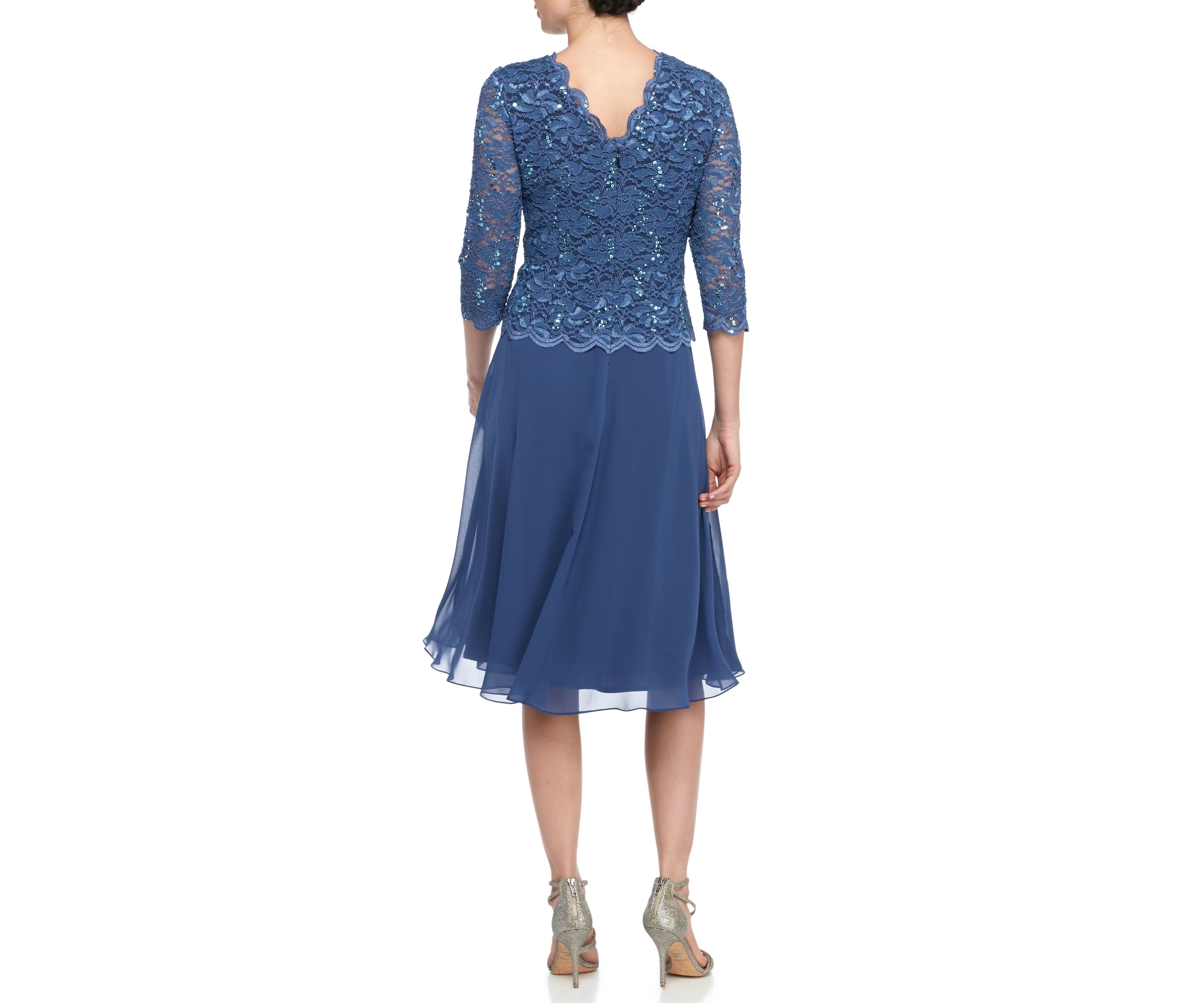 Womens Tea-Length Mock Dress with Sequin Lace Bodice & Chiffon Skirt