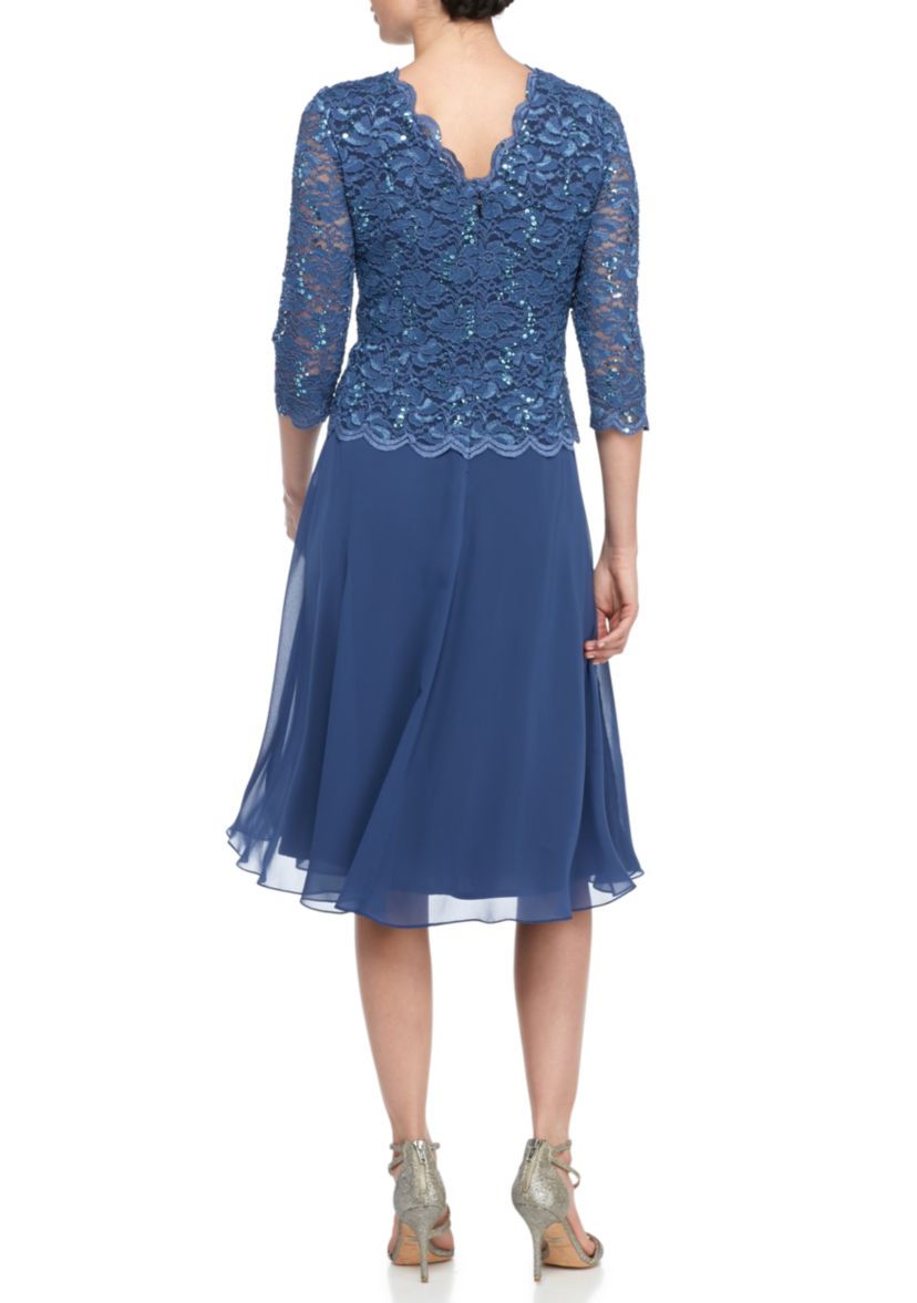 Womens Tea-Length Mock Dress with Sequin Lace Bodice & Chiffon Skirt