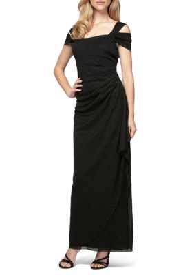 alex evenings scuba dress Alex Evenings Boat Neck Bell Sleeve Embellished Brooch Cascade Ruffle Side  Solid Scuba Crepe Dress