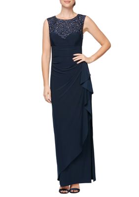 Alex Evenings Women's Slimming Long Dress | Cap Sleeve Beaded Gown For Weddings & Special Occasions
