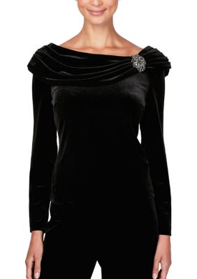 Women's Velvet Blouse with Ruched Collar