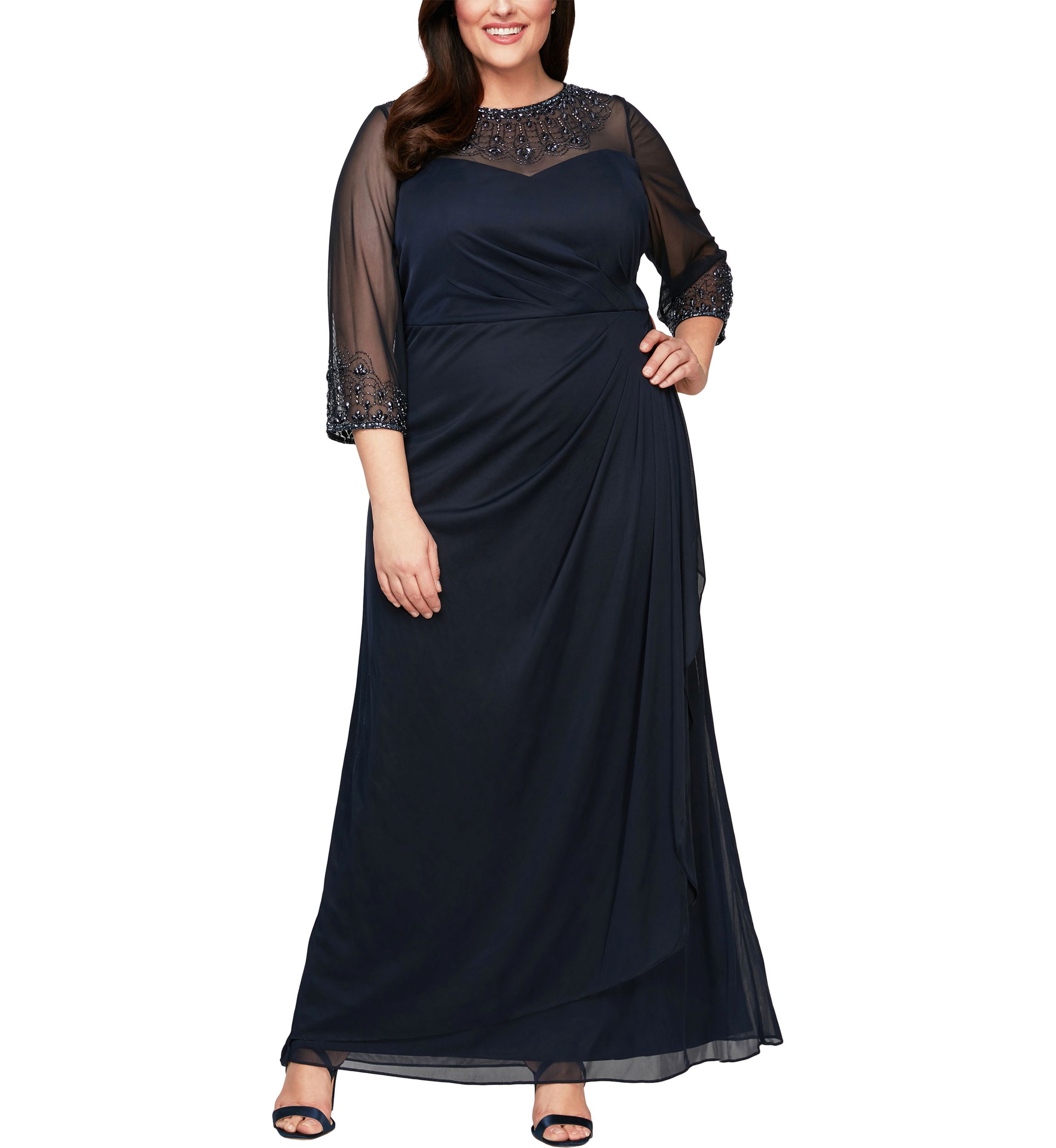 Plus Size Mesh Gown with Beaded Illusion Neckline