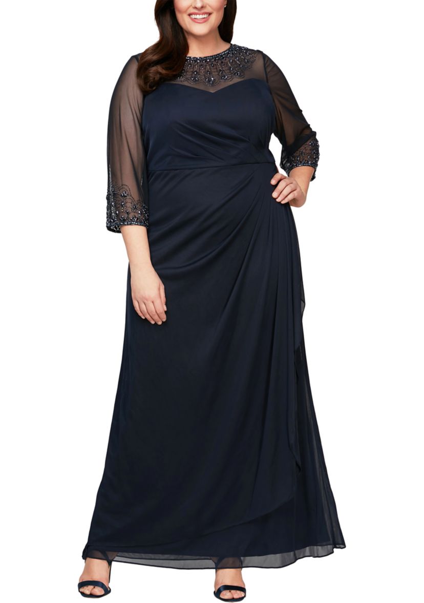 Plus Size Mesh Gown with Beaded Illusion Neckline