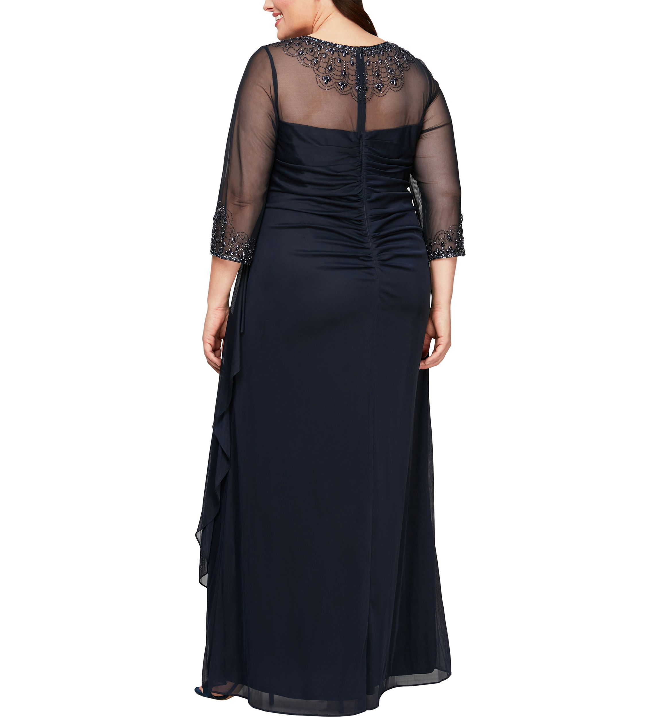 Plus Size Mesh Gown with Beaded Illusion Neckline
