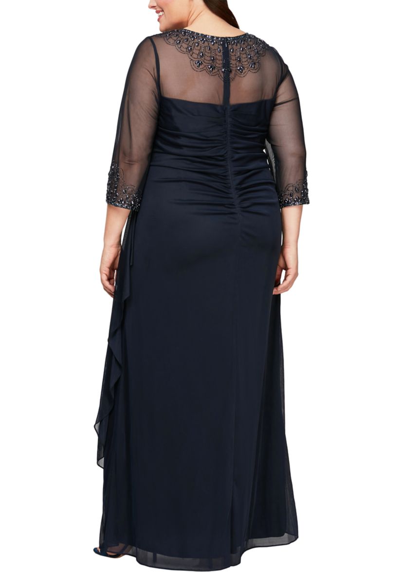 Plus Size Mesh Gown with Beaded Illusion Neckline