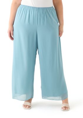 Alex Evenings Women's Plus Size Straight Leg Chiffon Pants, Teal, 3X