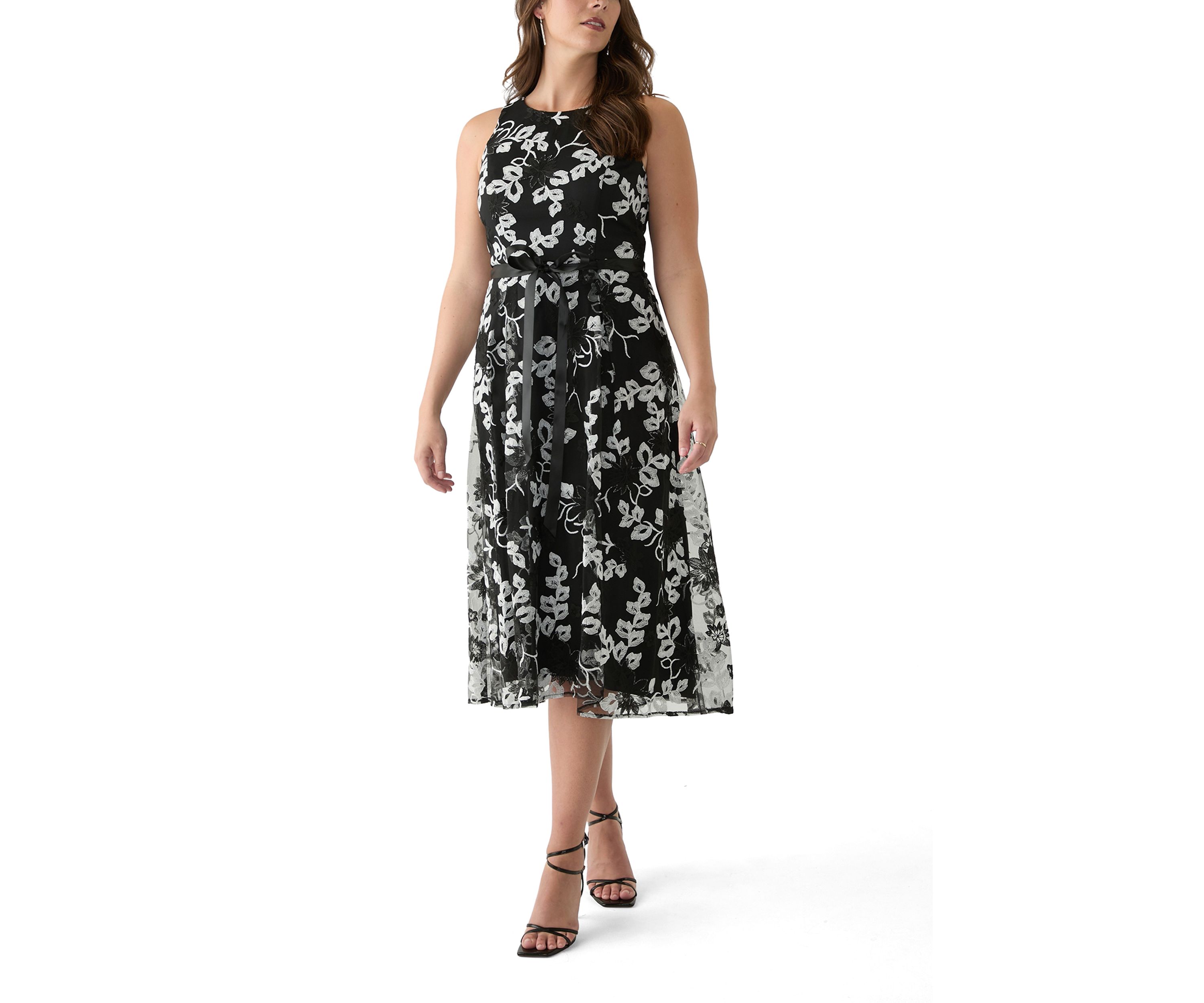 Womens Sleeveless Printed Appliqué Fit and Flare Dress