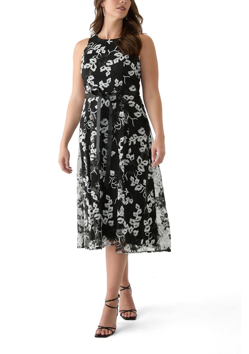 Womens Sleeveless Printed Appliqué Fit and Flare Dress