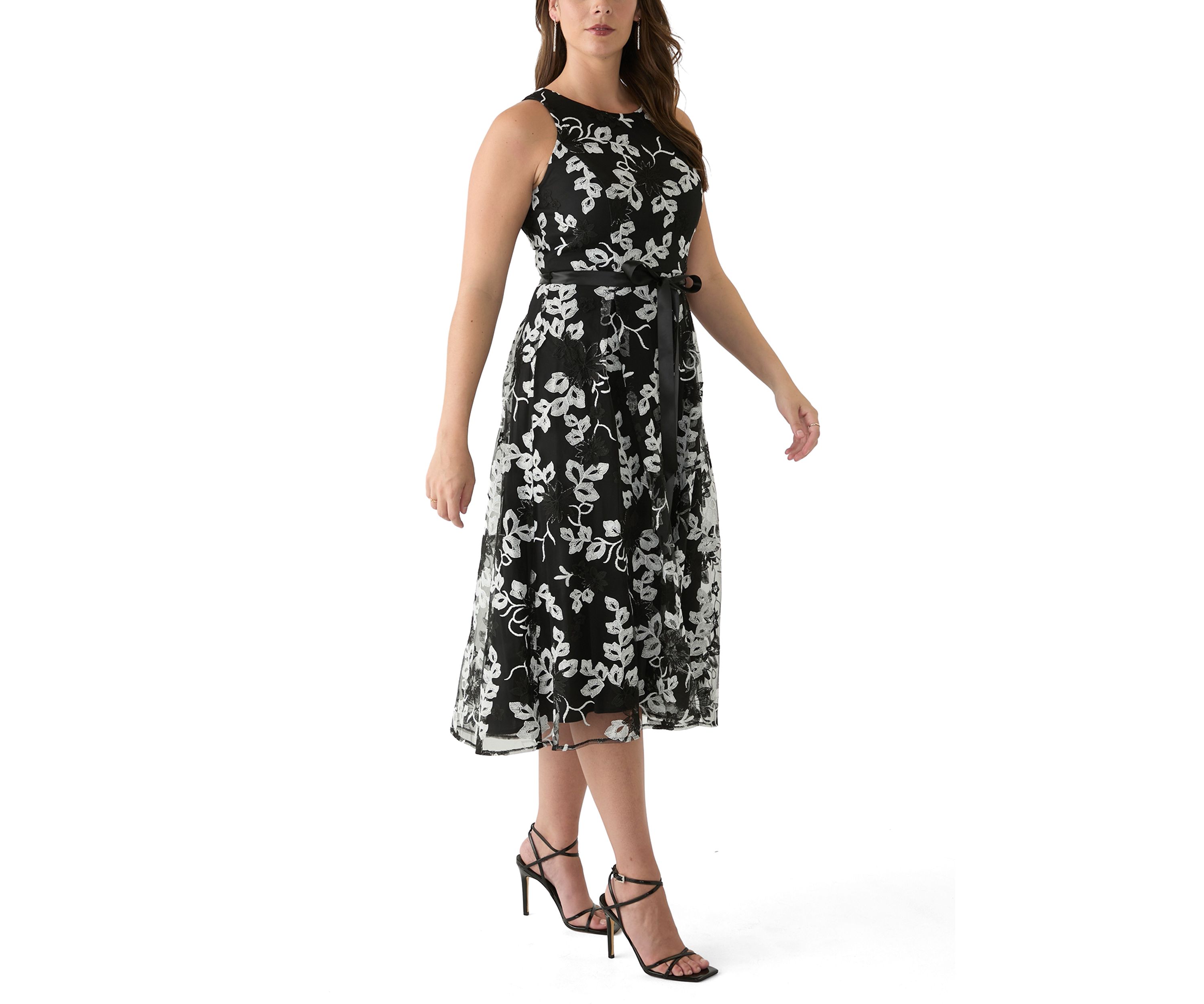 Womens Sleeveless Printed Appliqué Fit and Flare Dress