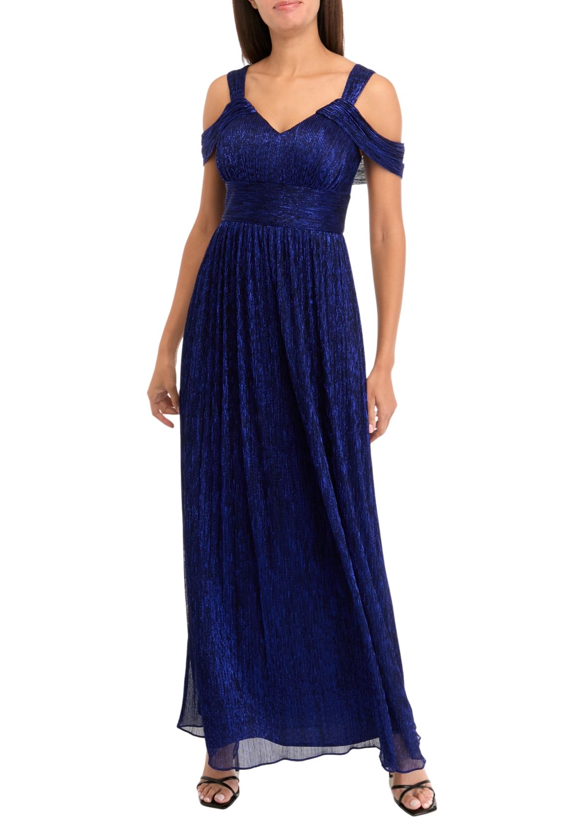 Womens Solid Glitter Chiffon Gown