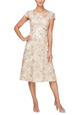 Alex Evenings Women's Tea Length Dress with Cap Sleeves