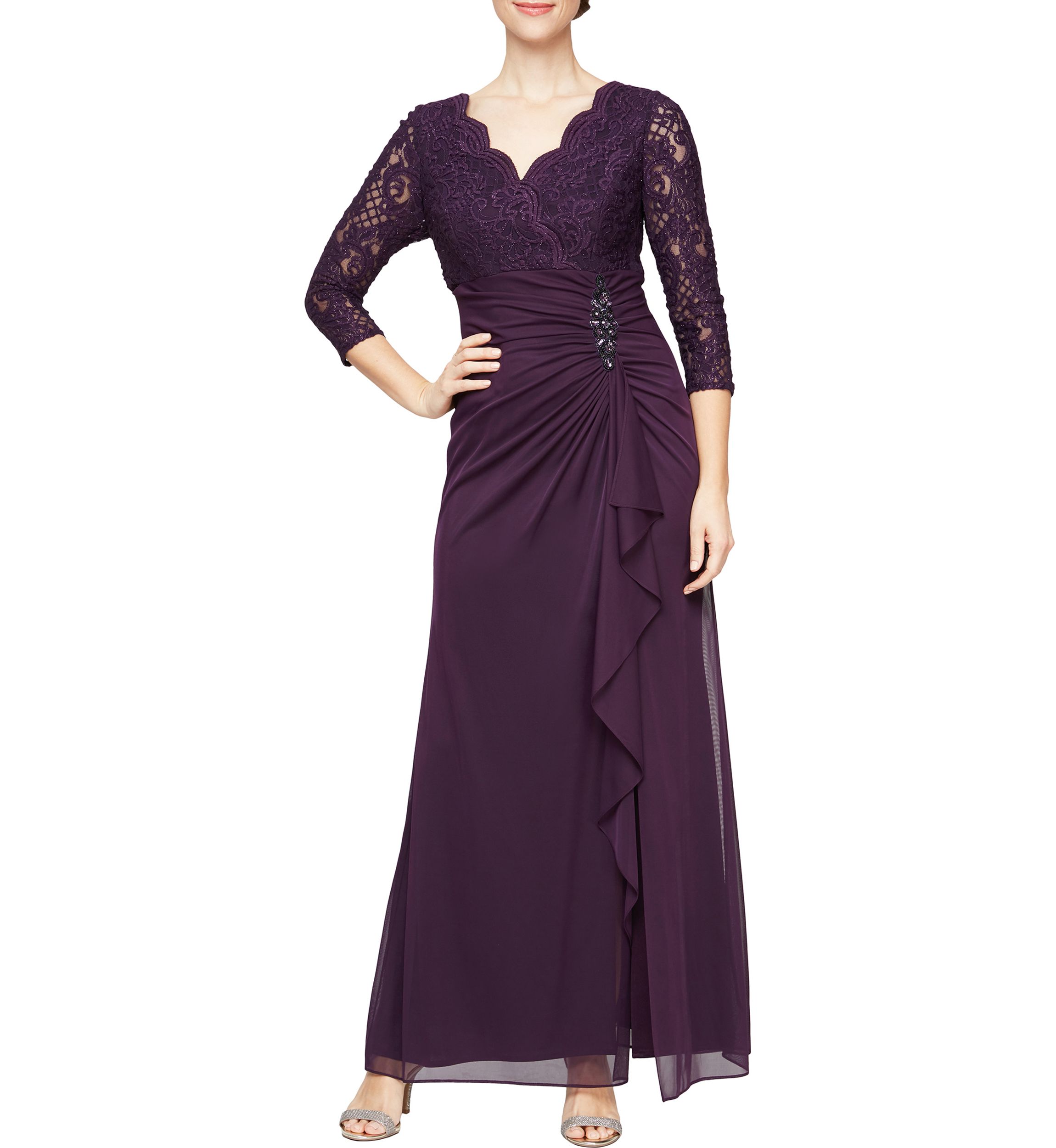 Womens Long Empire Waist Dress With Cascade Skirt