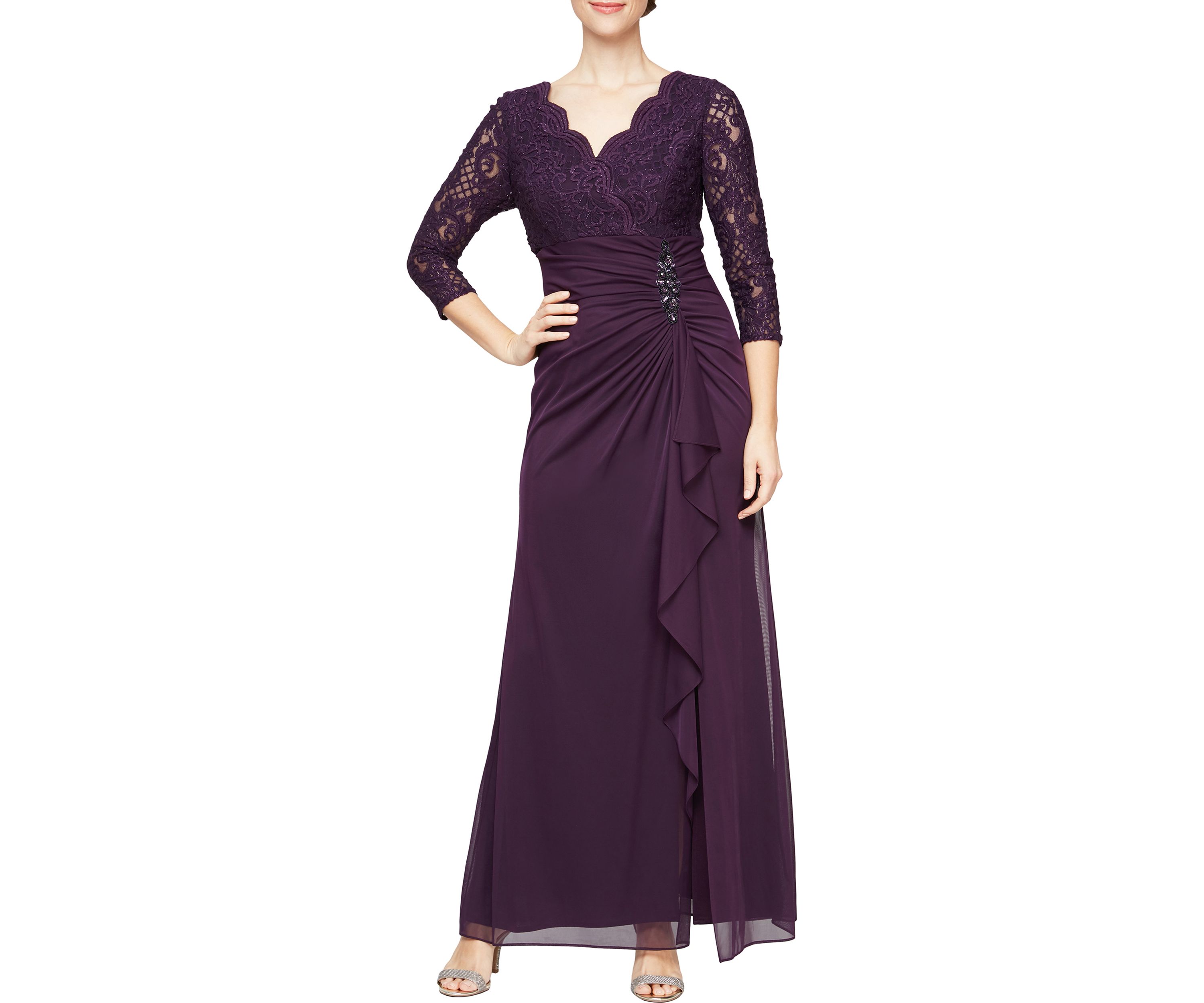 Womens Long Empire Waist Dress With Cascade Skirt