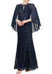 Womens Sequin Lace Gown with Chiffon Capelet Sleeves