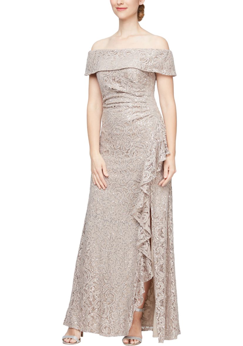 Alex Evenings Women's Long Off the Shoulder Sequin Lace Dress