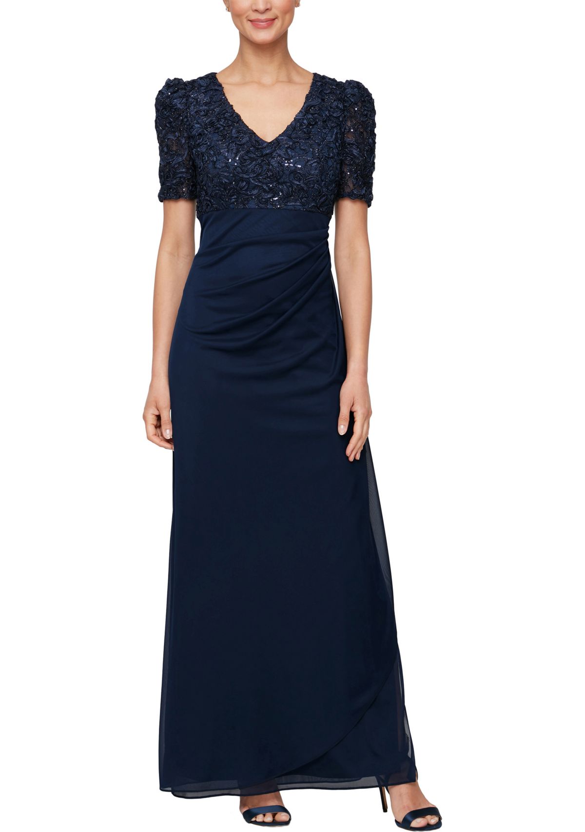 Long Rosette Empire waist dress with mesh skirt