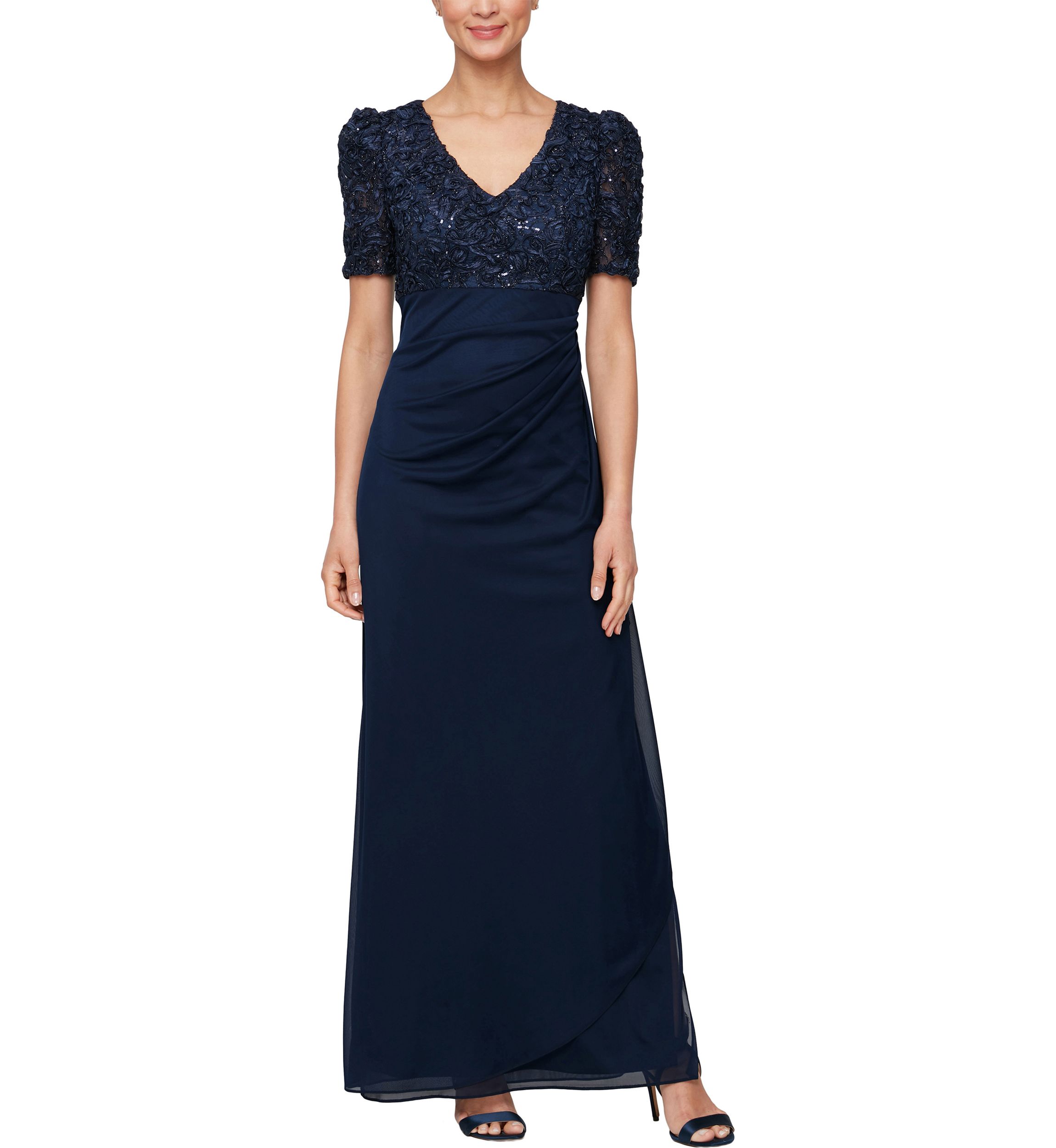 Long Rosette Empire waist dress with mesh skirt