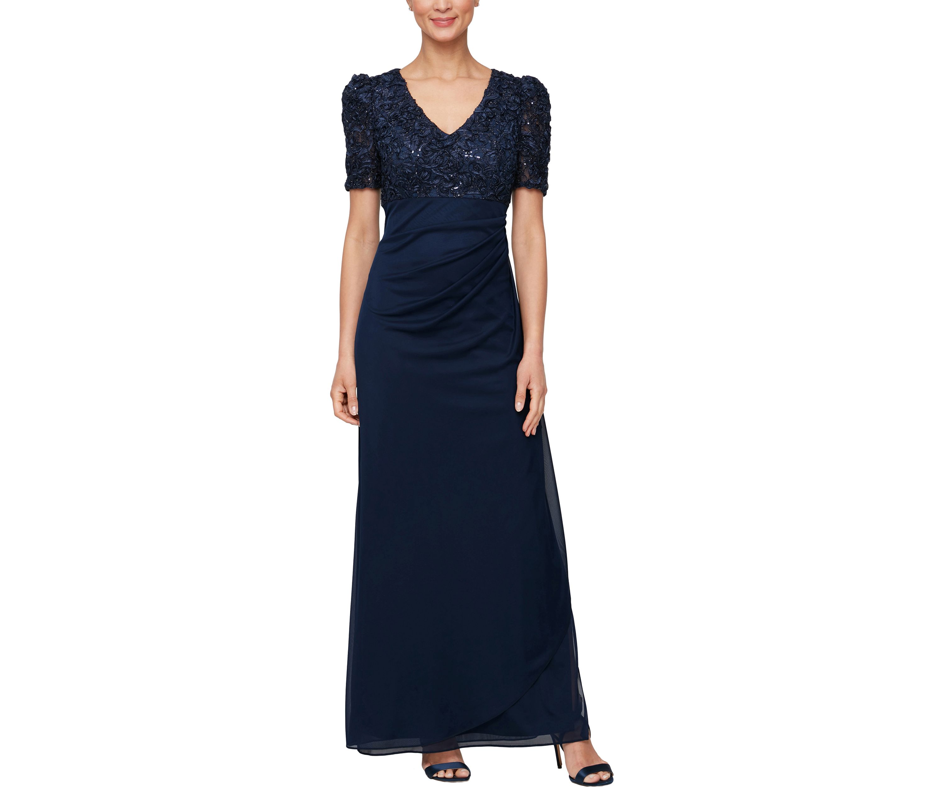 Long Rosette Empire waist dress with mesh skirt