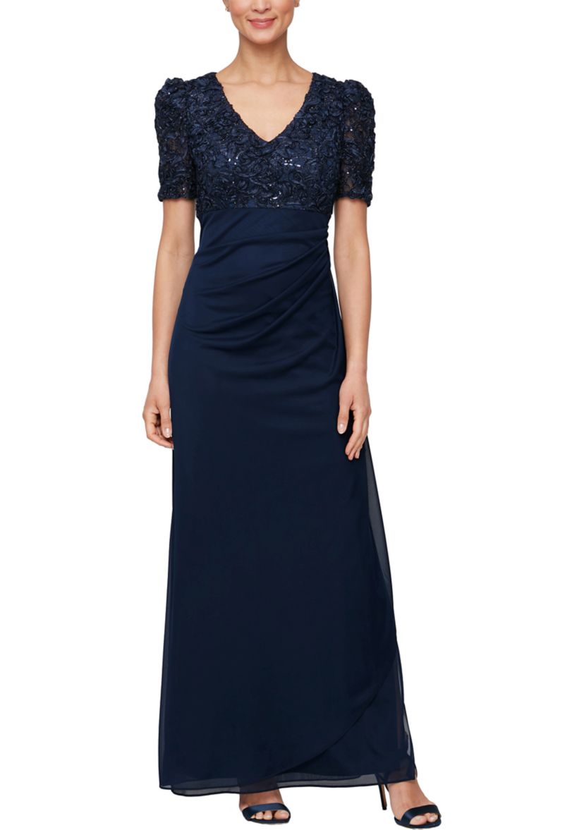 Long Rosette Empire waist dress with mesh skirt