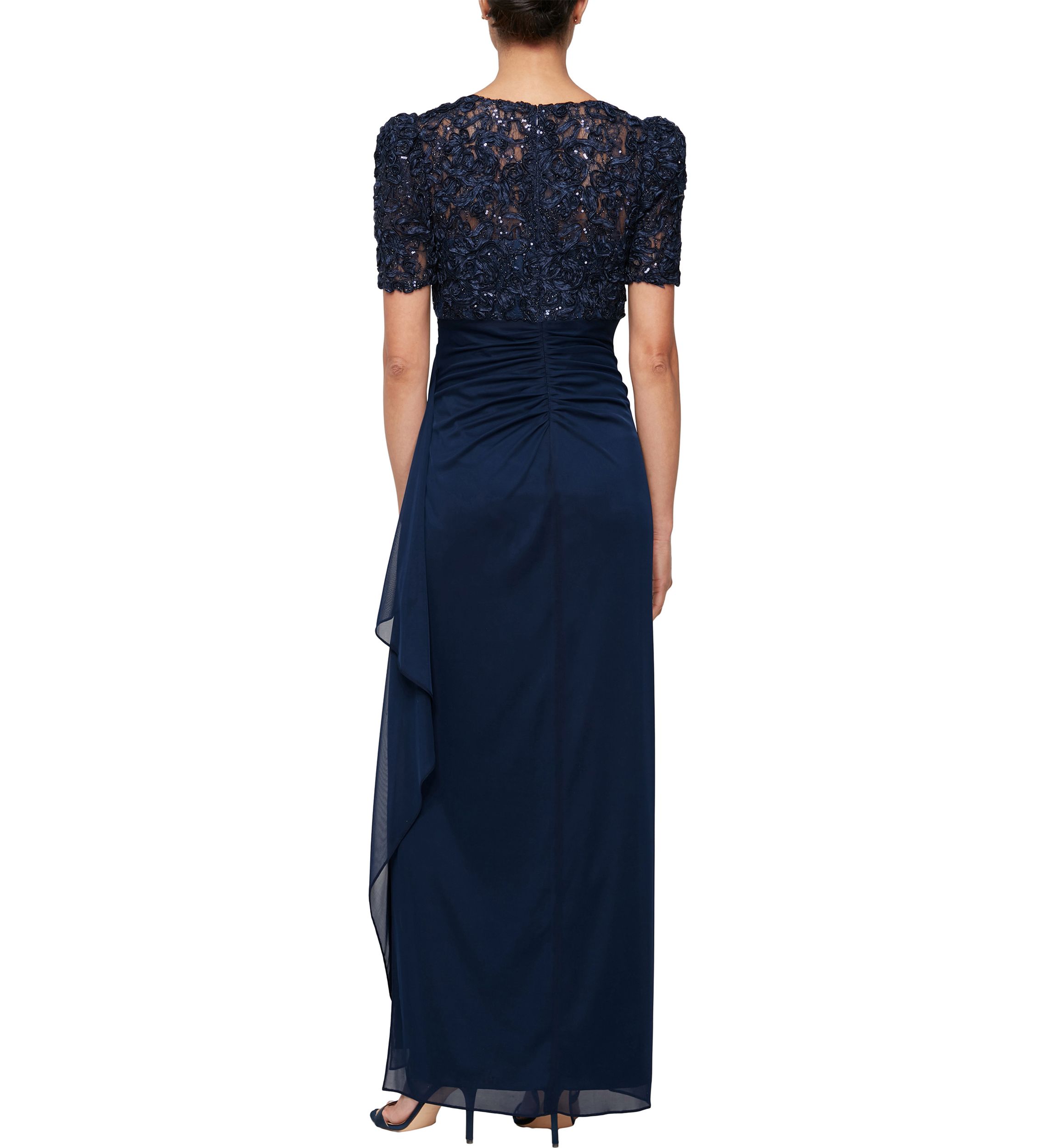 Long Rosette Empire waist dress with mesh skirt