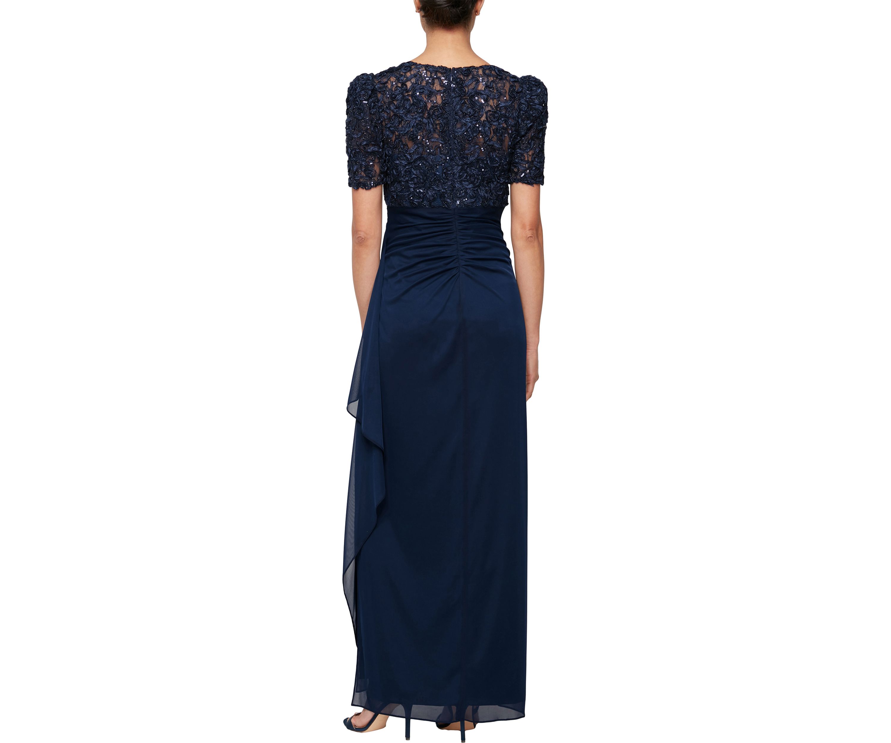 Long Rosette Empire waist dress with mesh skirt