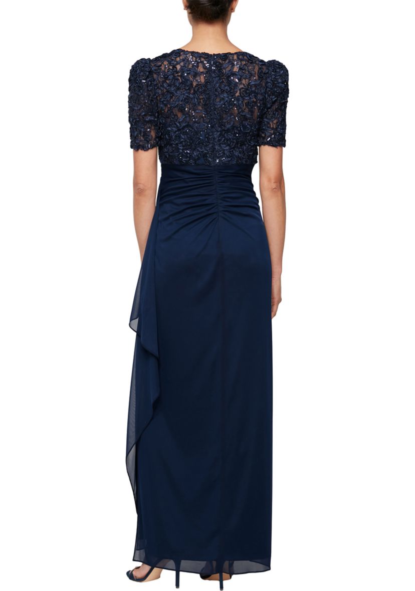 Long Rosette Empire waist dress with mesh skirt