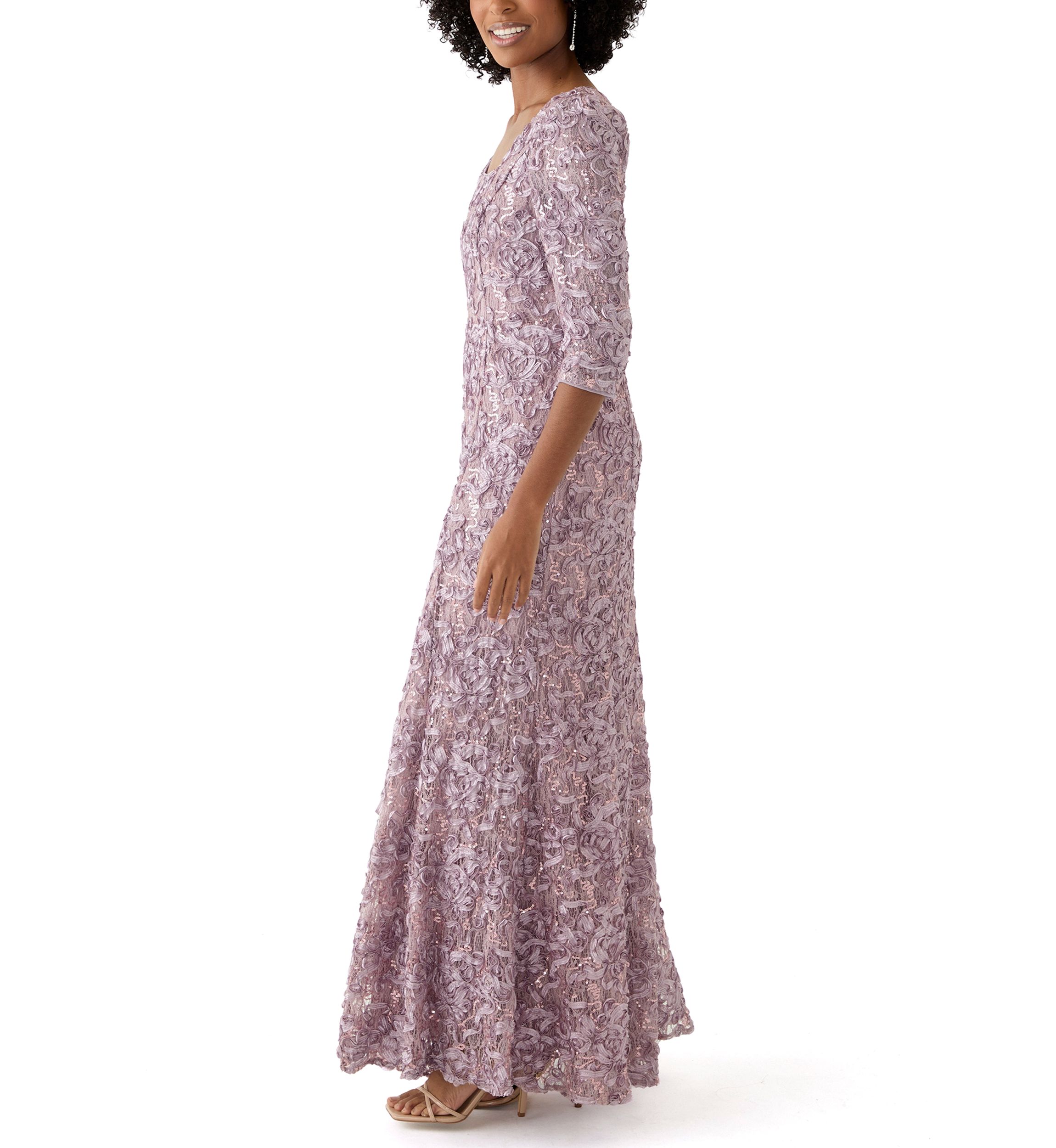 Womens 3/4 Sleeve Square Neck Lace Gown
