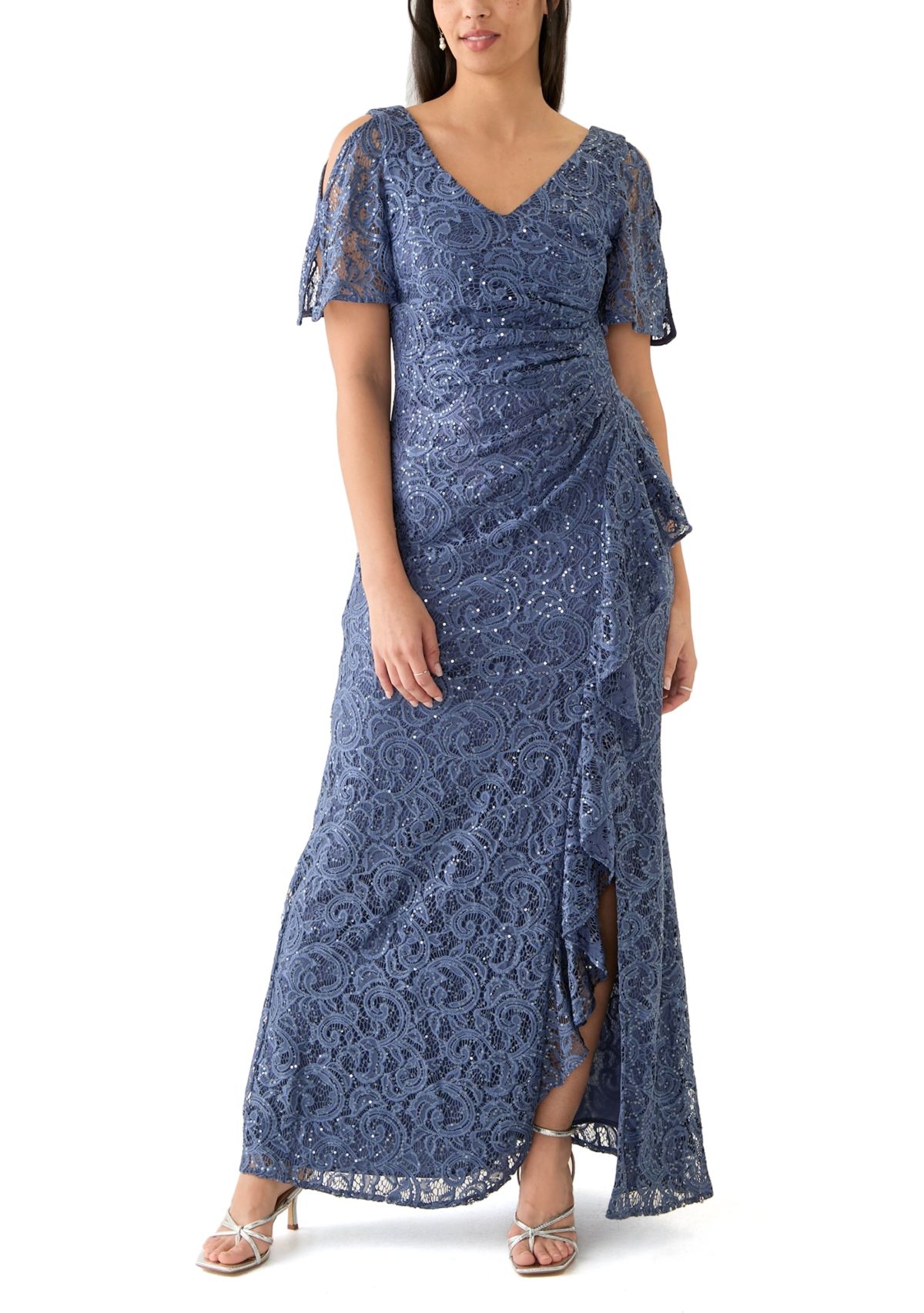 Womens V-Neck Ruffle Lace Gown